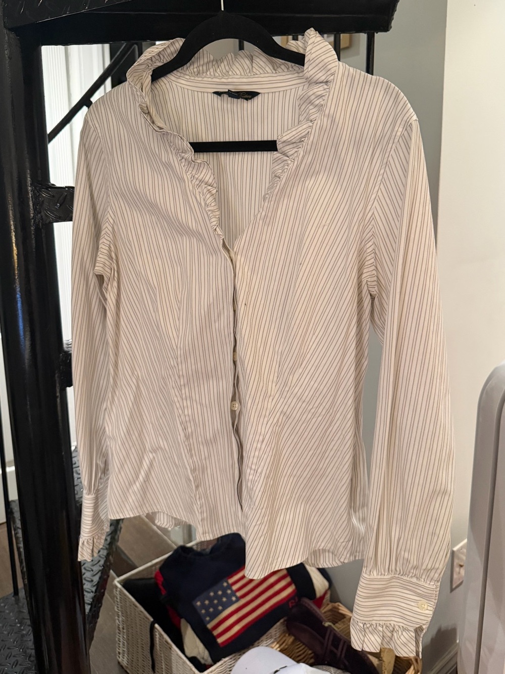 Brooks Brothers Cream and Beige Striped Ruffle-Collar Button Down